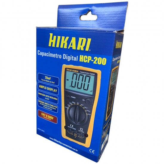 Capacímetro Digital Profissional Display LCD Com Proteção Emborrachada Pontas de Prova Jacaré e Bateria Hikari HCP-200